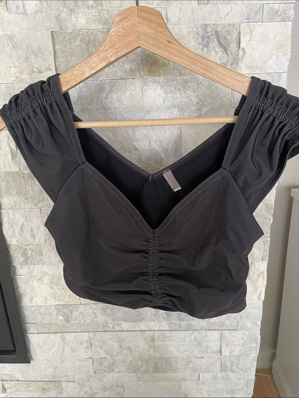 FP Movement by Free People Black Ruched V-Neck Crop Top